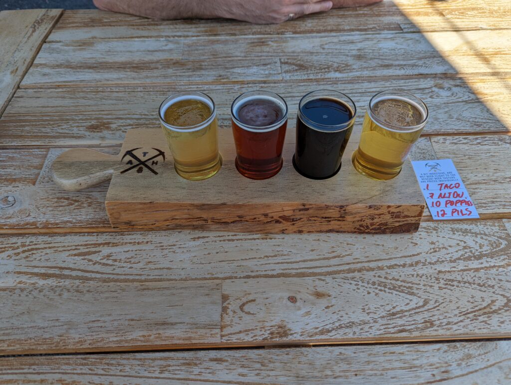 Around the Horn Brewing Company patio and craft beer in Groveland California.